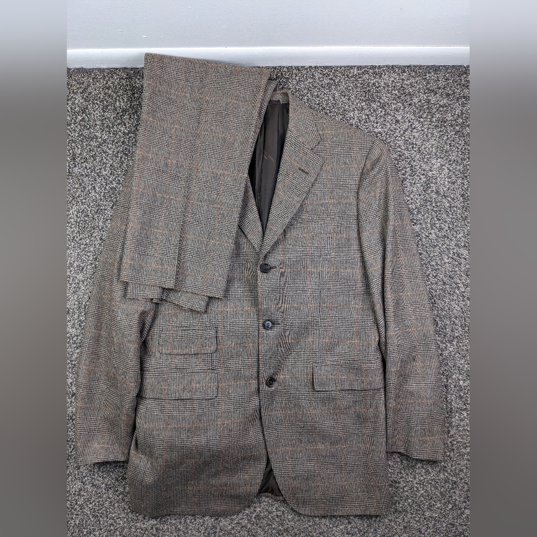 Nwot Alfred Dunhill Suit Wool Cashmere Glen Plaid Beige Brown 38r 30w Italy Made